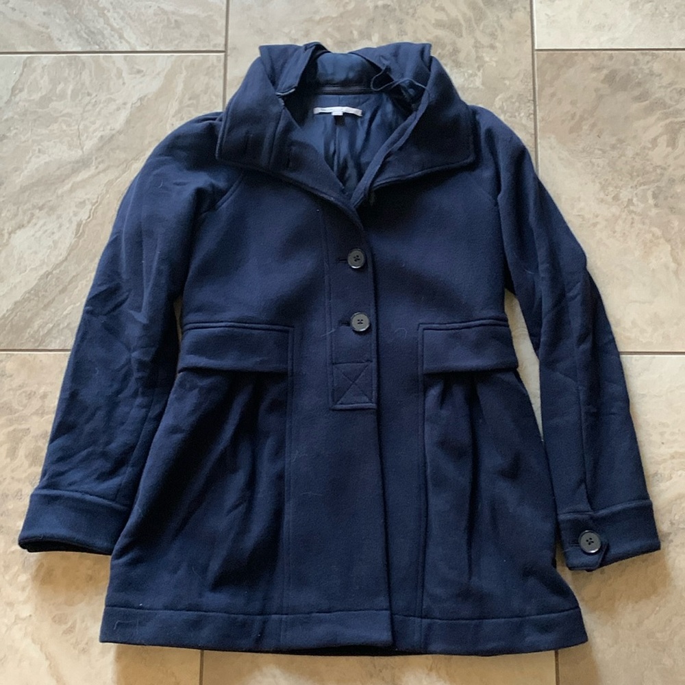 Blue cotton pea coat | lined, 2 buttons, hood